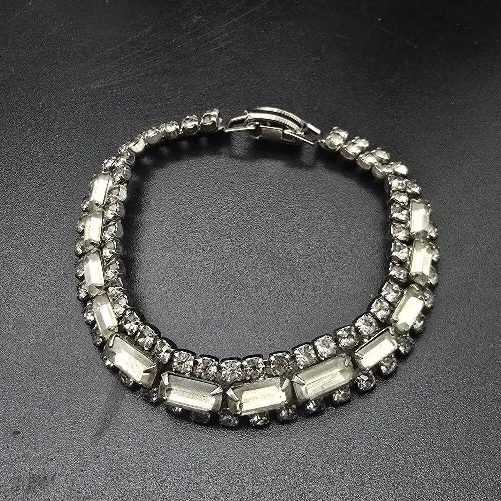 Vintage Clear Rhinestone Bracelet Glam Costume Jewelry